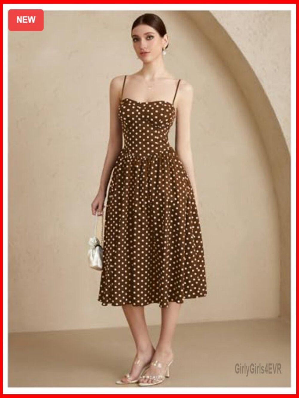 Polka Dot Flared A-Line Midi Dress Spaghetti Strap Vintage Flow - Picture 5 of 6